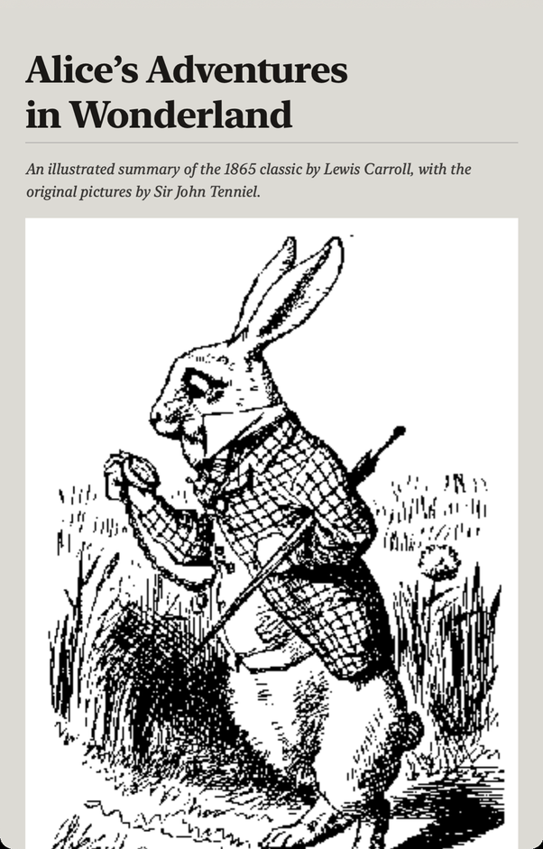 Alice in Wonderland rendered in Filmbook's Industrial theme, showing the White Rabbit illustration