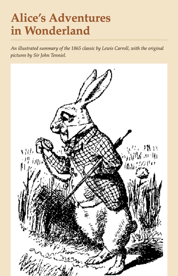 Alice in Wonderland rendered in Filmbook's Sand theme, showing the White Rabbit illustration
