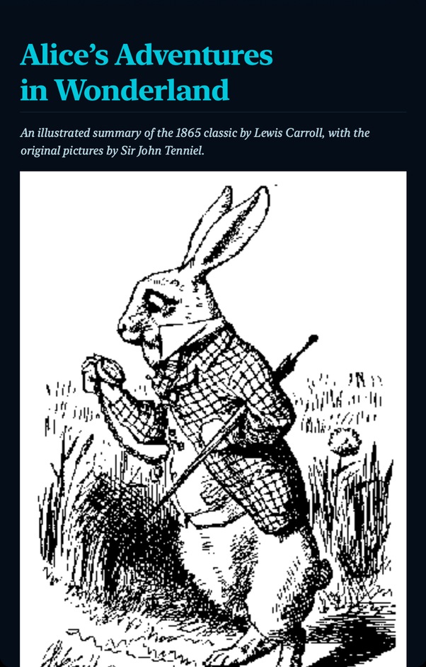 Alice in Wonderland rendered in Filmbook's Water theme, showing the White Rabbit illustration